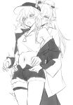  2girls baseball_cap birthday chinese_commentary commentary fu_hua fu_hua_(azure_empyrea) fur-trimmed_shorts fur_trim greyscale hair_ornament hair_stick hands_on_another's_waist haruka_(rsyaooooo) hat herrscher_of_sentience highres honkai_(series) honkai_impact_3rd jacket jewelry long_hair monochrome multiple_girls navel necklace open_mouth shirt shorts thigh_strap yuri 