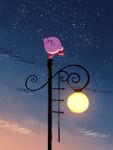  blue_eyes blue_sky blush_stickers closed_mouth cloud colored_skin commentary_request gradient_sky highres kirby kirby_(series) lamp lamppost orange_sky pink_skin red_shoes shoes sky solid_oval_eyes solo standing standing_on_one_leg star_(sky) starry_sky twilight yuzuriha_yuki 