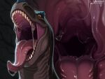 anthro bodily_fluids brown_body dinosaur drooling fangs female feral grey_body hi_res hoffersanchez male mouth_shot open_mouth pink_mouth predator/prey prehistoric_species reptile saliva saurischian scales scalie sight snout solo spikes teeth theropod throat tongue tongue_out tyrannosaurid tyrannosauroid tyrannosaurus tyrannosaurus_rex vore yellow_eyes