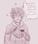  1boy :d alcohol armor belt blush breastplate cloak commentary cup drinking_glass elbow_gloves english_commentary english_text fingerless_gloves fur-trimmed_gloves fur-trimmed_hood fur_trim gloves hair_between_eyes holding holding_cup hood hood_down hooded_cloak iwatani_naofumi kiln_firelink layered_shirt male_focus messy_hair monochrome nose_blush open_mouth red_wine shirt_belt short_hair short_sleeves simple_background smile solo speech_bubble spot_color talking tate_no_yuusha_no_nariagari teeth upper_body upper_teeth_only wine wine_glass 