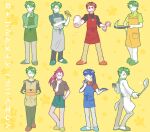  4boys alternate_costume apron blue_apron blue_eyes blue_hair carrot closed_eyes commentary_request contemporary cooking_pot fire_emblem fire_emblem:_path_of_radiance frying_pan green_hair headband holding holding_carrot holding_cooking_pot holding_frying_pan holding_ladle holding_plate ike_(fire_emblem) itsuki_(nightlight) kieran_(fire_emblem) ladle long_hair male_focus multiple_boys multiple_views oscar_(fire_emblem) plate ponytail red_apron red_eyes red_hair shinon_(fire_emblem) short_hair slippers translation_request waist_apron 