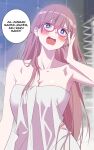  1girl adjusting_eyewear andrian_januar_adilia arm_up bare_shoulders blue_eyes blush breasts brown_hair cleavage commentary english_commentary flying_sweatdrops frown glasses highres indonesian_text long_hair looking_at_viewer naked_towel original pink-framed_eyewear solo speech_bubble towel translated upper_body v-shaped_eyebrows 