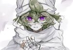  1girl angry bandage_on_face bandaged_hand bandaged_head bandages cloak collei_(genshin_impact) collei_(young)_(genshin_impact) commentary_request crossed_bangs genshin_impact green_hair hair_between_eyes hand_up hood hood_down hooded_cloak looking_at_viewer mugi_(kyom_ugi) parted_lips purple_eyes short_hair simple_background solo upper_body v-shaped_eyebrows white_background white_cloak 