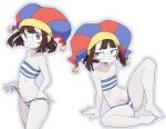  1girl absurdres animification bandeau bare_shoulders bikini blue_bandeau blue_bikini blue_eyes blush blush_stickers brown_hair colored_skin flat_chest hat hat_bell highres jester jester_cap looking_at_viewer multicolored_bikini multicolored_eyes multicolored_hat multiple_views navel neamosub official_alternate_costume pomni_(the_amazing_digital_circus) red_eyes solo spread_legs strapless striped_bandeau striped_bikini striped_clothes striped_headwear swimsuit the_amazing_digital_circus two-tone_eyes vertical-striped_clothes vertical-striped_headwear white_background white_bandeau white_bikini white_skin 