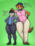absurd_res anthro breasts canid canine cleavage clothed clothing crossgender disney duo english_text female flip_flops footwear fox ftm_crossgender fur hat headgear headwear hi_res judy_hopps lagomorph larger_female leporid male male/female mammal mtf_crossgender multicolored_body multicolored_fur nick_wilde oystercatcher7 rabbit sandals shoes size_difference smaller_male smile suggestive_text text thick_thighs two_tone_body two_tone_fur zootopia