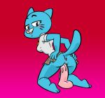  2019 anthro anus blue_fur blush butt cartoon_network clothed clothing dildo domestic_cat felid feline felis female fur gradient_background kneeling liebeslied looking_at_viewer looking_back mammal mature_female nicole_watterson pussy_juice rear_view red_background sex_toy simple_background solo the_amazing_world_of_gumball 