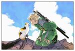  1boy ^_^ animification architecture armor artist_name blonde_hair blue_sky calico_(pattern) calico_cat cat closed_eyes cloud cloudy_sky commentary day dougi east_asian_architecture from_side green_dougi green_pants grin haaa_om007ls hands_on_own_knees japanese_armor kneeling kote lloyd_garmadon male_focus ninjago on_roof outdoors pants short_hair sky smile sword sword_on_back twitter_username untranslatable_commentary weapon weapon_on_back yawning 