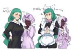  2girls apron bow braid braided_ponytail breasts brown_eyes closed_eyes collar commentary cracking_knuckles cropped_legs dark-skinned_female dark_skin dress english_commentary english_text frown gloves green_hair hair_bow hat highres holding holding_leash jacinthe_(pokemon) large_breasts leash lebanne_(pokemon) long_hair maid maid_apron multiple_girls nightcap pajamas pokemon pokemon_legends:_z-a purple_dress purple_eyes scrunchie simple_background tencryingemojis very_long_hair white_background yawning yuri 