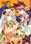  2boys ;) alternate_costume animification bandage_over_one_eye black_cape blonde_hair blush_stickers bow bowtie candy cape chinese_commentary closed_mouth collared_shirt commentary_request fang food frilled_sleeves frills ghost_costume green_eyes green_shirt hair_between_eyes halloween halloween_bucket happy_halloween highres kai_(ninjago) lloyd_garmadon long_sleeves male_focus multiple_boys ninjago one_eye_closed orange_background orange_vest pointy_ears red_eyes red_hair sanli122 shirt short_hair simple_background single_blush_sticker skin_fang slit_pupils smile traditional_bowtie vampire_costume vest white_shirt wing_collar yellow_bow yellow_bowtie 