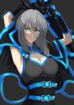  1girl absurdres alternate_eye_color arms_up assault_lily belt belt_buckle black_capelet black_gloves blue_belt blue_eyes breasts buckle capelet cleavage closed_mouth commentary_request cross-laced_clothes cross-laced_gloves elbow_gloves gloves grey_background grey_hair grey_shirt hair_between_eyes hata_matsuri highres holding holding_behind_back holding_weapon holding_weapon_behind_back large_breasts medium_hair senri_(senri03151221) shirt simple_background sleeveless sleeveless_shirt solo underbust upper_body v-shaped_eyebrows weapon 