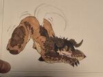absurd_res anthro ass_up black_hair claws deathclaw fallout hair hi_res jack-o'_pose lance_gragg male microsoft pose scalie solo swissori tongue tongue_out traditional_media_(artwork)
