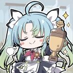  1girl :> ahoge azur_lane blue_hair chibi chibi_only closed_eyes commentary_request gradient_hair green_hair hair_ribbon holding holding_trophy multicolored_hair nejikirio official_art ozornoy_(azur_lane) parted_bangs ribbon school_uniform sidelocks solo soviet_school_uniform trophy twintails white_ribbon 