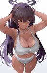  1girl absurdres ahoge alternate_costume armpits arms_up bare_arms bare_legs bare_shoulders black_halo blue_archive brand_name_imitation breasts bright_pupils brown_hair calvin_klein cleavage clothes_writing collarbone commentary dark-skinned_female dark_skin feet_out_of_frame gradient_hair gradient_halo grey_panties grey_sports_bra groin halo hands_in_own_hair highres huge_breasts karin_(blue_archive) light_blush long_hair looking_at_viewer multicolored_hair multicolored_halo navel panties purple_hair purple_halo pursed_lips rlayuta shiny_skin sidelocks simple_background skindentation solo sports_bra steaming_body sweat underwear underwear_only underwear_writing very_long_hair very_sweaty white_background white_pupils yellow_eyes 