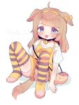  1girl :3 ahoge animal_ears apron bag bell black_collar blue_eyes blush bow bow_hairband bowtie brown_hair butter_(trickcal) closed_mouth collar commentary dog_ears dog_girl dog_tail ear_bow english_commentary full_body hairband long_hair looking_at_viewer mixed-language_commentary nakajima_lupus neck_bell pink_shorts shirt short_sleeves shorts simple_background sitting smile solo spread_legs striped_clothes striped_thighhighs tail thighhighs trickcal watermark white_background white_shirt yellow_apron yellow_bow yellow_bowtie yellow_hairband yellow_thighhighs 