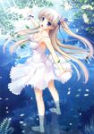  :d absurdres barefoot blonde_hair blue_ribbon breasts collarbone dress floating_hair flower full_body hair_flower hair_ornament hair_ribbon highres komori_kei leaf long_hair looking_at_viewer medium_breasts one_side_up open_mouth original outdoors outstretched_arm petals ribbon short_dress sleeveless sleeveless_dress smile solo standing sundress very_long_hair wading white_dress white_flower wrist_cuffs 