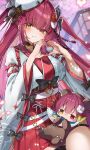  2girls blush breasts commentary_request cowboy_shot heart heart_hands heterochromia highres hololive houshou_kumarine houshou_marine japanese_clothes kimono large_breasts multiple_girls red_eyes red_hair red_skirt shuri_(84k) skirt two_side_up virtual_youtuber white_kimono yellow_eyes 