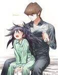  2boys black_hair black_pajamas blue-eyes_white_dragon brothers closed_mouth commentary_request green_pajamas hair_dryer highres kaiba_mokuba kaiba_seto long_hair male_focus moemoenomori multiple_boys on_bed pajamas short_hair siblings simple_background sitting white_background yu-gi-oh! yu-gi-oh!_duel_monsters 
