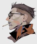  1boy aegyo_sal black_eyes black_hair buzz_cut cigarette disco_elysium facial_hair from_side glasses highres kim_kitsuragi looking_to_the_side male_focus mgong520 mustache_stubble painterly parted_lips portrait short_hair solo stubble very_short_hair 
