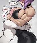  1boy 1girl arms_around_waist between_breasts breast_smother breasts choker english_text face_to_breasts grey_background head_between_breasts head_blush head_hug heart highres hug large_breasts maya_(roadi3) muscular muscular_female original purple_hair roadi3 short_hair spoken_heart standing very_short_hair 