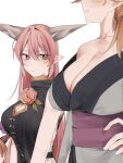  3girls absurdres bare_shoulders black_tabard blonde_hair blush breasts cleavage cleavage_cutout clothing_cutout collarbone commentary dededon_(2suy_aas) flower grey_kimono highres horns hoshiguma_yuugi hoshiguma_yuugi_(kimono) ibaraki_douji_(touhou) ibaraki_kasen ibuki_suika japanese_clothes kimono large_breasts long_hair looking_at_breasts multiple_girls oni orange_hair pink_eyes pink_hair pointy_ears rose shirt tabard touhou upper_body white_background white_shirt 