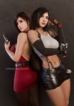  2girls 3d ada_wong ada_wong_(cosplay) asian back back-to-back backless_dress backless_outfit bare_back belt black_hair breasts brown_eyes brown_hair cosplay costume_switch cowboy_shot crop_top crossover detached_sleeves dress earrings elbow_pads english_commentary final_fantasy final_fantasy_vii final_fantasy_vii_rebirth final_fantasy_vii_remake fingerless_gloves gloves gun highres holding holding_gun holding_weapon jewelry large_breasts long_hair looking_at_viewer looking_back midriff miniskirt multiple_girls narrow_waist navel pantyhose patreon_username pink_lips red_dress red_eyes red_gloves resident_evil resident_evil_2 resident_evil_2_(remake) ria_(baka-neearts) short_dress short_hair single_elbow_pad skirt standing suspender_skirt suspenders tank_top tifa_lockhart tifa_lockhart_(cosplay) weapon white_tank_top 
