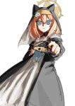  1girl a_(mitei7926) animal_ear_hood animal_ears black_dress blue_archive blue_eyes closed_mouth dress expressionless feet_out_of_frame gangsta_hold glint gun halo handgun highres hood long_hair looking_at_viewer mari_(blue_archive) orange_hair simple_background solo standing veil weapon white_background 