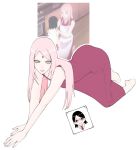  2girls aged_up all_fours bare_arms barefoot black_hair boruto:_naruto_next_generations breasts child closed_mouth commentary dress facial_mark forehead_mark glasses green_eyes haruno_sakura highres legs_apart long_dress long_hair looking_at_viewer multiple_girls narrow_waist naruto_(series) photo_(object) pink_hair pink_lips reference_inset sleeveless sleeveless_dress small_breasts straight_hair uchiha_sarada untranslatable_commentary white_background 