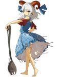  1girl bare_shoulders barefoot blue_dress closed_mouth commentary dress earrings expressionless frills from_behind full_body grey_hair highres holding holding_spork horn_ornament horn_ribbon horns jewelry looking_at_viewer looking_back mozupoko oversized_spoon pointy_ears red_eyes ribbon sheep_horns solo spork standing touhou toutetsu_yuuma white_background 