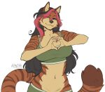 2026 anthro biped bottomwear breasts clothed clothed_anthro clothed_female clothing countershade_torso countershading digital_drawing_(artwork) digital_media_(artwork) felid feline female fingers front_view fully_clothed fully_clothed_anthro fully_clothed_female hair kittydee looking_at_viewer mammal navel smile solo standing stripes tail topwear