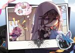  2girls ? aponia birthday_cake black_dress black_gloves blonde_hair blue_eyes cake commentary corset dress elf elysia_(honkai_impact) elysia_(miss_pink_elf)_(honkai_impact) english_commentary eulyin_huan food gloves hair_between_eyes hair_ornament heart highres holding holding_paper honkai_(series) honkai_impact_3rd indoors long_hair multiple_girls nun nun_headdress open_mouth opening_door paper pink_hair pointy_ears reading smile speech_bubble thought_bubble twitter_username veil white_corset white_veil 