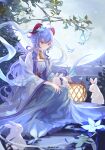 1girl absurdres ahoge alternate_costume animal_on_lap bell blue_eyes blue_hair blue_ribbon blue_shawl blurry branch breasts chinese_clothes chinese_commentary chinese_knot choker cleavage commentary_request cowbell crystalfly_(genshin_impact) depth_of_field dress duijin_ruqun falling_petals flower flower_knot full_body full_moon ganyu_(genshin_impact) genshin_impact glaze_lily goat_horns hair_between_eyes hair_flower hair_ornament hanfu highres horns issign lantern leaf leaning_forward long_dress long_hair long_sleeves looking_at_another looking_down moon moonlight night on_lap outdoors petals rabbit ribbon shawl sidelocks signature sitting smile solo tassel wavy_hair wide_sleeves 