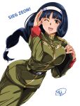  1girl black_hair breasts brown_eyes clipboard commentary_request gundam gundam_08th_ms_team hand_on_own_face headband highres holding holding_clipboard kergerenko military_uniform mizu_sazanami one_eye_closed signature simple_background smile white_background zeon 