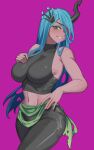  1girl absurdres aqua_hair black_pants black_shirt breasts commentary cowboy_shot crown dark-skinned_female dark_skin english_commentary eyeshadow green_eyes green_eyeshadow hair_over_one_eye hand_on_own_hip highres horns iojknmiojknm kotobukiya_bishoujo large_breasts long_hair looking_at_viewer makeup midriff mini_crown my_little_pony my_little_pony:_friendship_is_magic navel pants personification queen_chrysalis queen_chrysalis_(bishoujo) shirt sideboob single_horn sleeveless sleeveless_shirt solo standing 