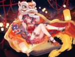  1girl absurdres aerial_fireworks animal_costume black_hair blush breasts china_dress chinese_clothes chinese_new_year cleavage cleavage_cutout clothing_cutout commentary crossed_bangs dedeko detached_sleeves dragon dragon_costume dress eastern_dragon fang fireworks frilled_dress frilled_sleeves frilled_thigh_strap frills hair_ornament hairclip halter_dress halterneck high_heels highres holding holding_mask lantern large_breasts long_hair looking_at_viewer mascot mask multicolored_hair open_mouth original paper_lantern parallel_hairclips pink_eyes pink_streaks pleated_skirt red_dress skin_fang skirt smile socks solo straight_hair streaked_hair thigh_strap thighs untranslatable_commentary very_long_hair white_socks 