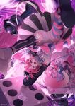  1girl absurdres ahoge bow camila_(vtuber) card chess_piece colored_eyelashes commentary dice english_commentary facial_mark gamer_supps hat highres indie_virtual_youtuber long_hair mismatched_eyelashes multicolored_hair open_mouth party_hat peesh_san pink_hair playing_card pointy_ears purple_eyes ribbon streaked_hair striped_clothes striped_thighhighs tail tail_bow tail_ornament thighhighs upskirt virtual_youtuber white_streaks 