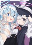  2girls :d absurdres alternate_costume arona_(blue_archive) bandaged_arm bandaged_chest bandaged_hand bandaged_head bandages black_choker black_eyes black_hat black_robe black_skirt blue_archive blue_eyes blue_hair blue_halo blue_pupils blunt_bangs blush bow bowtie braid buttons choker claw_pose colored_inner_hair commentary_request double-breasted dutch_angle eyes_visible_through_hair flat_chest grey_hair hair_between_eyes hair_over_one_eye halloween_costume halo hand_on_headwear hands_up hat hat_bow high-waist_skirt highres holding_hands interlocked_fingers long_bangs long_hair long_sleeves looking_at_viewer mismatched_pupils multicolored_hair multiple_girls mummy_costume naked_bandage navel open_mouth osmium-76 parted_lips pink_hair pink_halo pink_pupils plana_(blue_archive) red_bow red_bowtie robe shirt short_hair sidelocks single_braid skirt smile smug upper_body v-shaped_eyebrows white_bow white_choker white_shirt wide_sleeves witch witch_hat 
