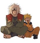  facial_mark flak_jacket forehead_protector highres jacket jiraiya_(naruto) konohagakure_symbol naruto_(classic) naruto_(series) orange_pants pants sleeping spiked_hair teacher_and_student uzumaki_naruto vad_end whisker_markings 