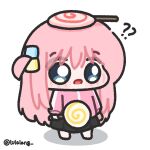  1girl ? ?? black_skirt blue_eyes bocchi_the_rock! candy chibi chibi_only commentary confused food food_on_head full_body gotoh_hitori highres holding holding_candy holding_food holding_lollipop jacket lollipop long_hair lulalang object_on_head one_side_up open_mouth pink_hair pink_jacket simple_background skirt solo standing swirl_lollipop twitter_username untranslatable_commentary white_background 