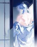  1boy anar_9158 back_muscles bare_shoulders bishounen blue_hair from_behind halo hashtag-only_commentary head_wings highres honkai:_star_rail honkai_(series) indoors male_focus short_hair solo sunday_(honkai:_star_rail) undressing upper_body wings 