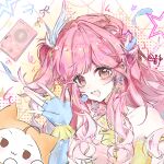  1girl :3 animal armlet bare_shoulders blue_gloves blue_ribbon blunt_bangs bow bowtie braid brown_eyes cable cat closed_mouth clothed_animal commission dot_nose ear_covers eyelashes feather_hair_ornament feathers fingerless_gloves frilled_gloves frills gloves hair_intakes hair_ornament hair_ribbon halftone halftone_background happy headset highres hood hood_up idol infinity_nikki jewelry jinghui_zheng_ya_shuo light_blush long_hair long_sidelocks loose_hair_strand momo_(nikki) mp3_player nikki_(nikki) nikki_(series) official_alternate_color one_side_up open_mouth pink_bow pink_bowtie pink_hair pink_shirt ribbon shirt sidelocks single_braid smile star_(symbol) star_symbol_background starry_nocturne_(infinity_nikki) strapless strapless_shirt two-tone_shirt upper_body very_long_hair wavy_hair white_cat yellow_background yellow_hood yellow_ribbon yellow_shirt 