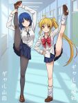  2girls black_pantyhose blonde_hair blue_hair blue_skirt bocchi_the_rock! bow brown_shoes commentary_request grabbing_own_leg highres ijichi_nijika indoors medium_hair mole mole_under_eye multiple_girls panties pantyhose red_bow ryuhirohumi school school_uniform shimokitazawa_high_school_uniform shirt shoes side_ponytail skirt socks standing standing_on_one_leg translation_request underwear white_panties white_shirt white_socks yamada_ryo yellow_eyes 