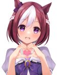  1girl animal_ears blush bow bowtie braid breasts brown_hair collarbone commentary_request ear_bow four-finger_heart_hands half_up_braid heart heart_hands highres horse_ears horse_girl multicolored_hair open_mouth puffy_short_sleeves puffy_sleeves purple_bow purple_bowtie purple_eyes purple_shirt sabi1234 sailor_collar sailor_shirt school_uniform shirt short_hair short_sleeves simple_background smile solo special_week_(umamusume) teeth tracen_school_uniform two-tone_hair umamusume upper_body upper_teeth_only white_background white_hair 