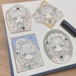  acrylic_paint_(medium) beads blue_eyes blunt_bangs bonnet border bow brooch closed_mouth commentary_request crown curly_hair expressionless finger_to_mouth frilled_shirt_collar frills gem green_eyes hair_bow hair_ribbon headdress high_collar highres ink jewelry karintoun lace long_hair looking_at_viewer maid_headdress marker medium_hair multiple_girls original painting_(medium) pale_skin paper parted_bangs pastel_colors pen pendant photo_(medium) pink_eyes portrait ribbon shushing signature simple_background sketchbook straight-on swept_bangs table traditional_media watercolor_(medium) white_background white_hair wooden_table yellow_eyes 