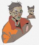  1boy bags_under_eyes black_eyes black_hair black_shirt bomber_jacket buzz_cut disco_elysium exhausted facial_hair jacket kim_kitsuragi male_focus mgong520 mustache_stubble orange_jacket person_and_furrification round_eyewear shirt short_hair solo stubble upper_body very_short_hair 