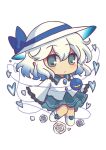  1girl alternate_color alternate_hair_color alternate_headwear blue_bow blue_hair boots bow chibi chibi_only closed_mouth collared_shirt commentary flower frilled_shirt_collar frilled_sleeves frills full_body gradient_hair grey_hair hashtag-only_commentary hat hat_bow heart highres komeiji_koishi komeiji_koishi_(spontaneous_white_beauty) long_sleeves looking_at_viewer multicolored_hair rose shirt silverrain solo touhou touhou_lostword white_boots white_flower white_hat white_rose white_shirt wide_sleeves 