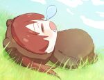  1girl absurdres animal_costume bear_costume blue_sky chibi closed_eyes cloud commentary_request grass highres hololive houshou_kumarine houshou_marine nose_bubble open_mouth red_hair sky sleeping solo takotakochan_1006 twintails virtual_youtuber 