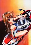  90s absurdres blue_eyes breasts brown_hair cleavage copyright_request feet from_above ground_vehicle highres kawarajima_kou long_hair medium_breasts motor_vehicle motorcycle nail_polish on_motorcycle one-piece_swimsuit pink_nails sandals sideboob smile solo swimsuit toenail_polish yamaha_yzf-r1 