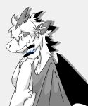 anthro collar cycletail digital_drawing_(artwork) digital_media_(artwork) dragon female fur furred_dragon furred_scalie grey_eyes grey_horn grey_wings hair hi_res horn looking_at_viewer looking_back monochrome mythological_creature mythological_scalie mythology scalie simple_background simple_eyes smile solo white_body white_fur white_hair wings