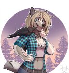 2026 5_fingers anthro avian bird blonde_hair blue_eyes breasts canid canine canis clothed clothed_anthro clothed_female clothing female fingers forest forest_background fully_clothed fully_clothed_anthro fully_clothed_female fur grey_body grey_fur grey_tail hair hi_res koul_fardreamer mammal nature nature_background outside plant shirt smile tail tashalisets topwear tree white_body white_fur white_tail wolf