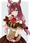  1girl ahoge animal_ears apron arm_garter ascot bare_shoulders blue_eyes blush breasts brown_apron brown_dress brown_hair brown_hairband candy chocolate commentary_request dress food frilled_cuffs hair_between_eyes hairband heart heart-shaped_chocolate heart-shaped_food holding horse_ears horse_girl large_breasts long_hair looking_at_viewer mihono_bourbon_(code:_icing)_(umamusume) mihono_bourbon_(umamusume) nasupon_54115 official_alternate_costume parted_lips red_ascot simple_background solo umamusume waist_apron 
